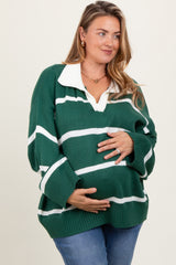 Hunter Green Striped Collared Maternity Plus Sweater