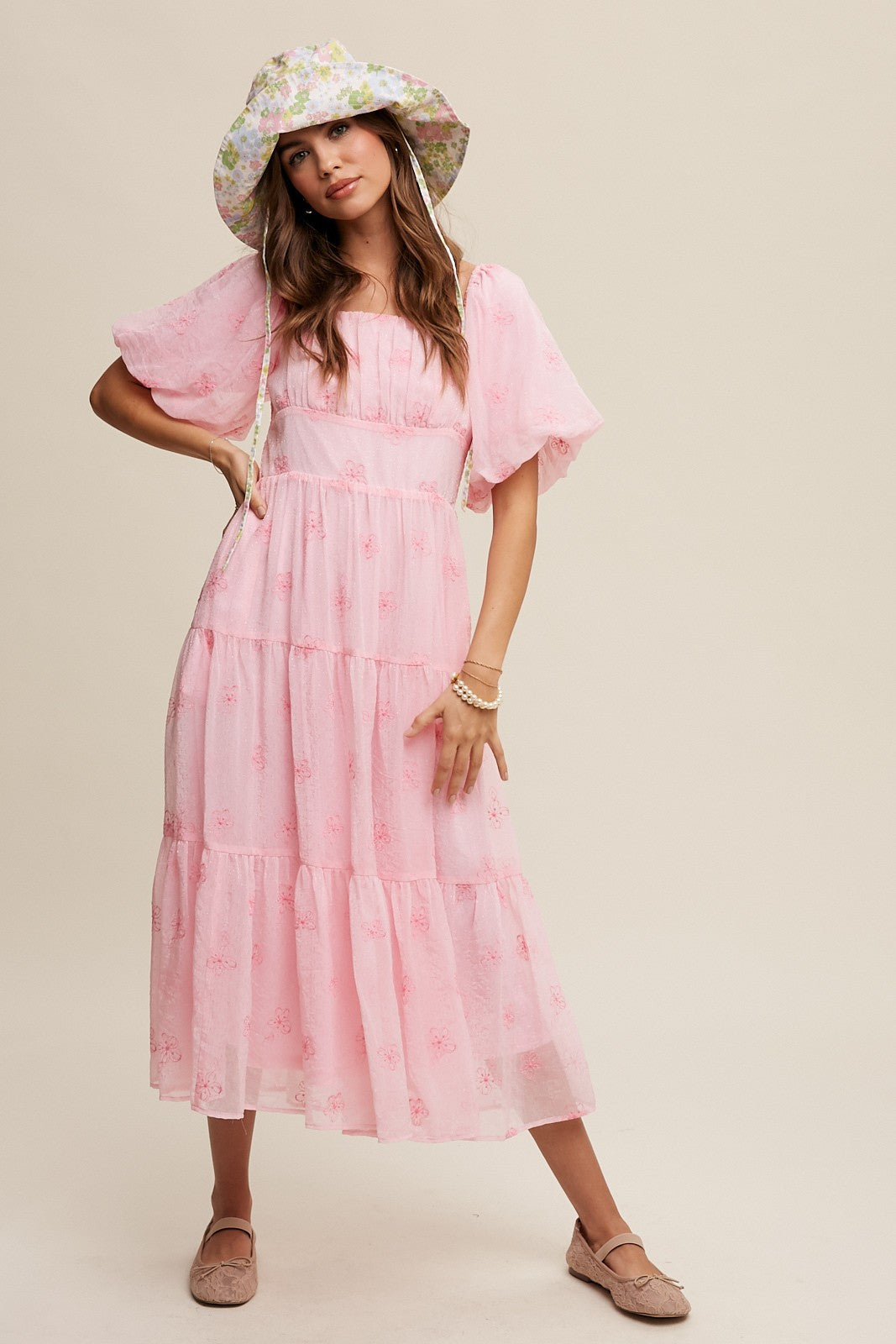 embroidered blossom tiered midi dress Baltic Born Womens Eleanor Embroidered Midi Dress | Cream Floral main image 1
