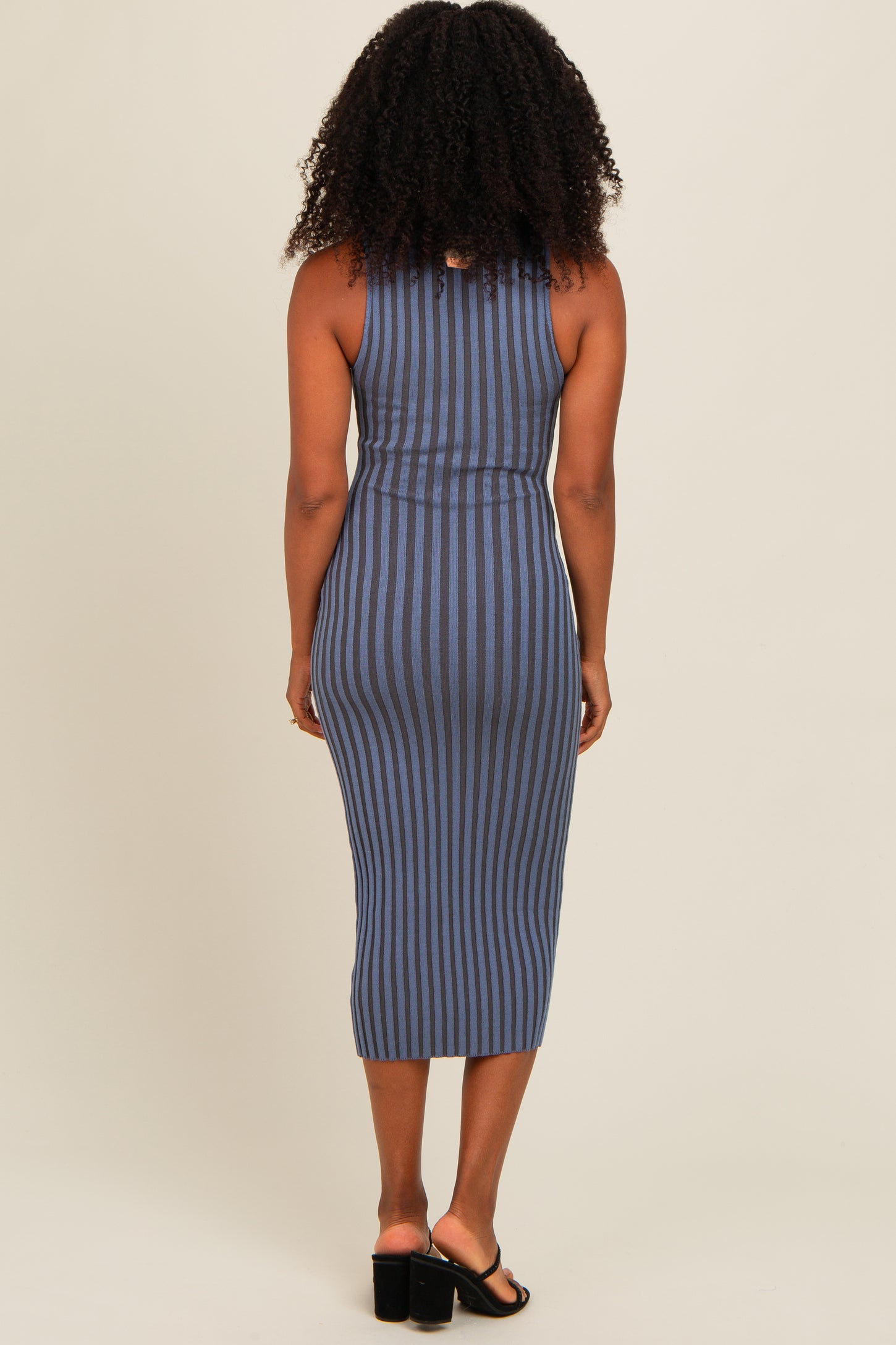 Blue Ribbed Knit Mock Neck Fitted Dress