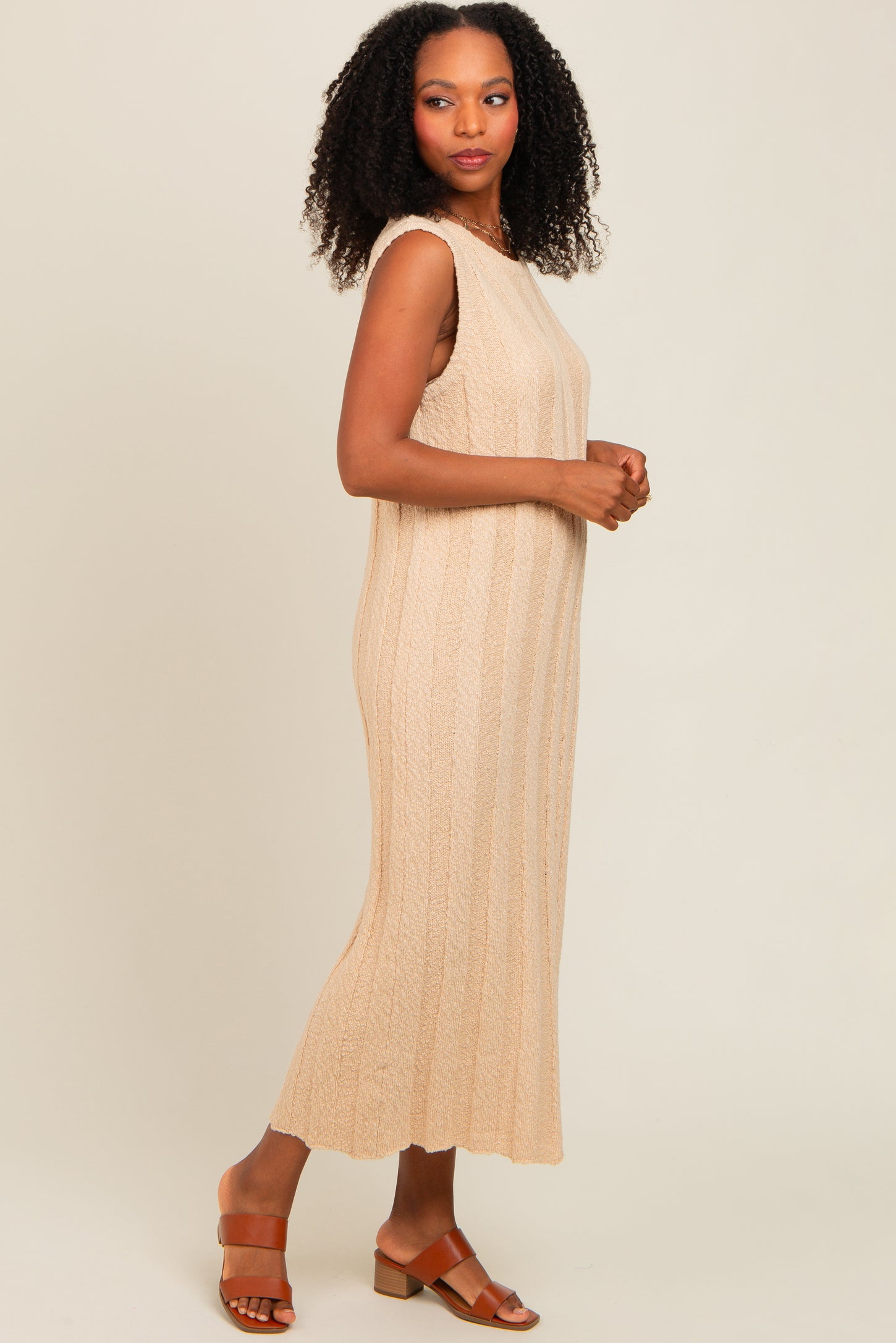 Cream Ribbed Knit Sleeveless Dress