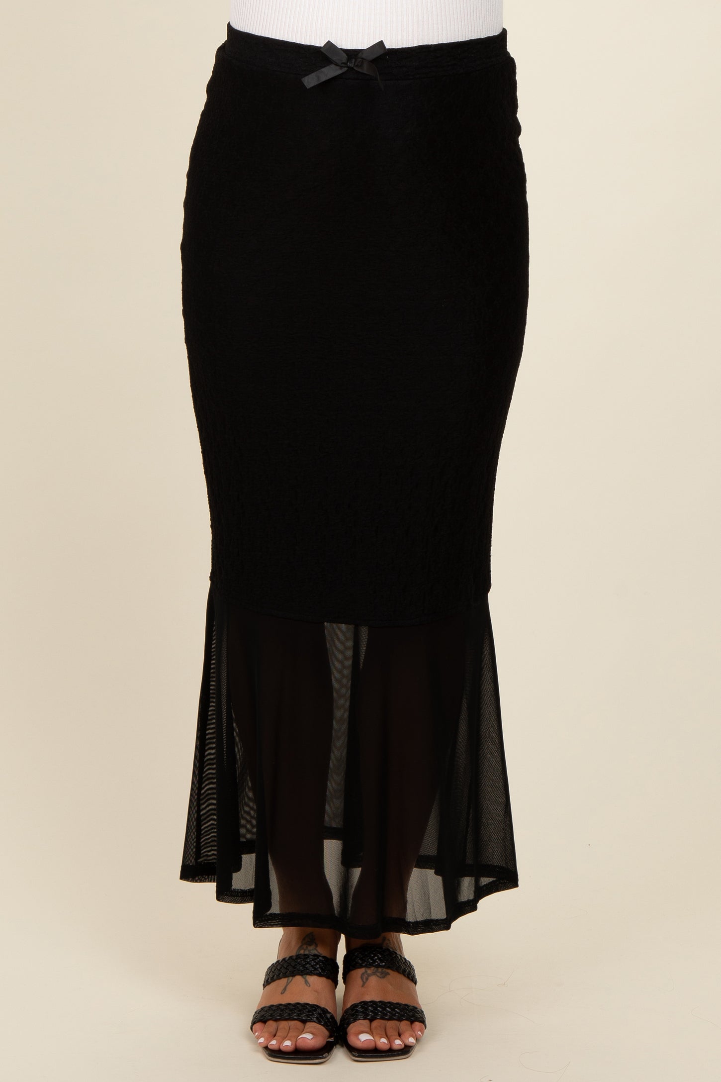 Black Lace Mesh Maternity Fitted Maxi Skirt