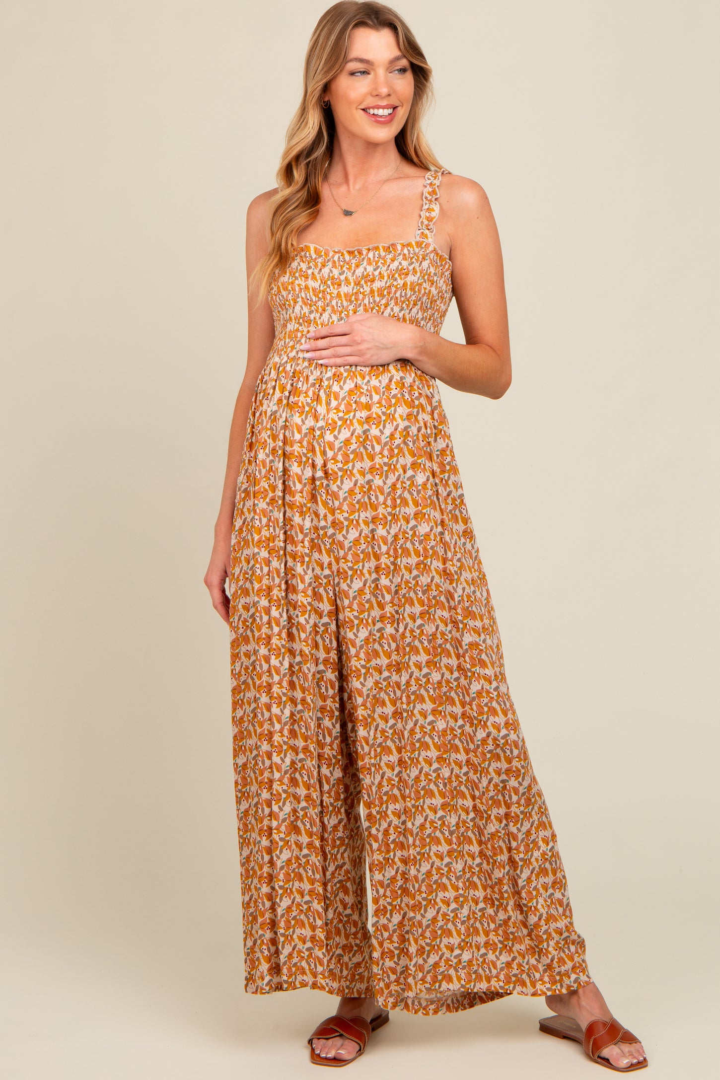 Yellow Printed Smocked Wide Leg Maternity Jumpsuit