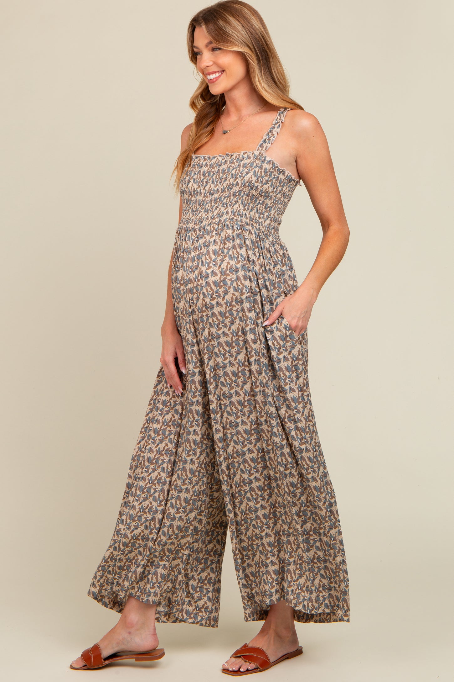Taupe Printed Smocked Wide Leg Maternity Jumpsuit