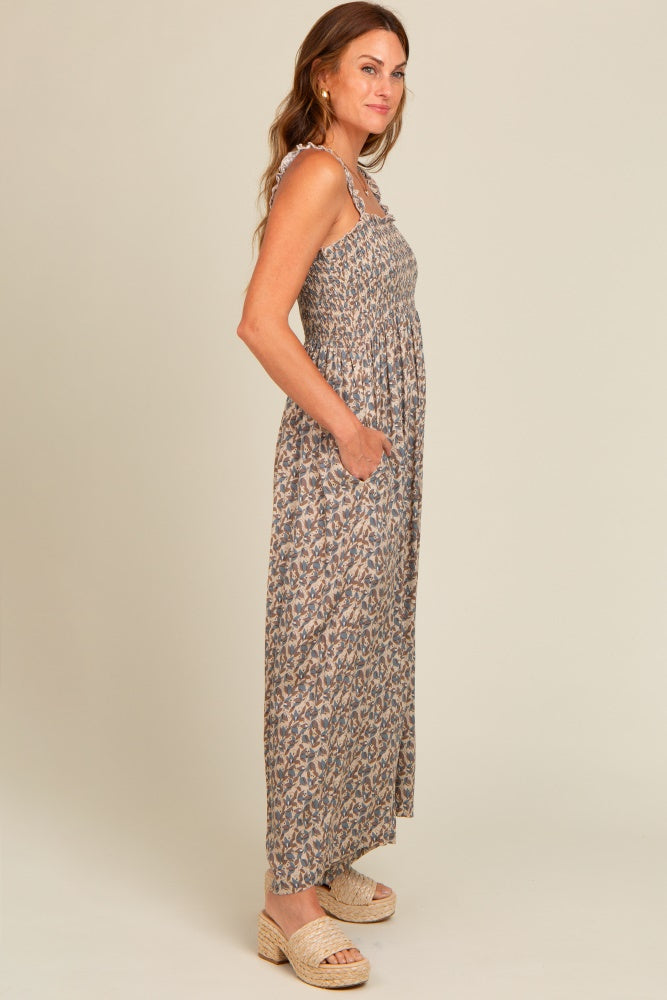 Taupe Printed Smocked Wide Leg Jumpsuit