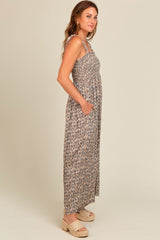 Taupe Printed Smocked Wide Leg Jumpsuit