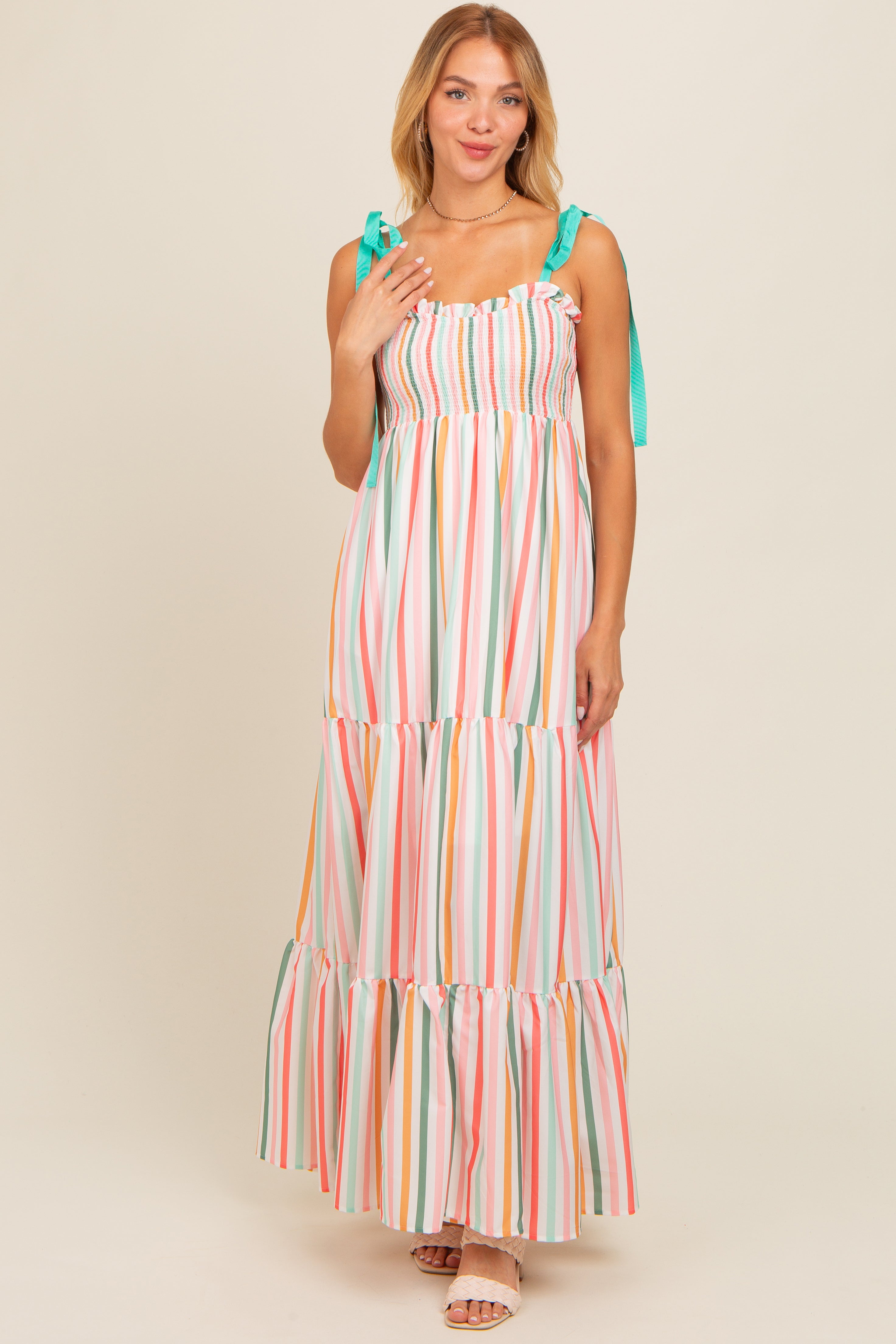 Multicolour Striped Print Smocked Lace Up Maxi Dress main image 0