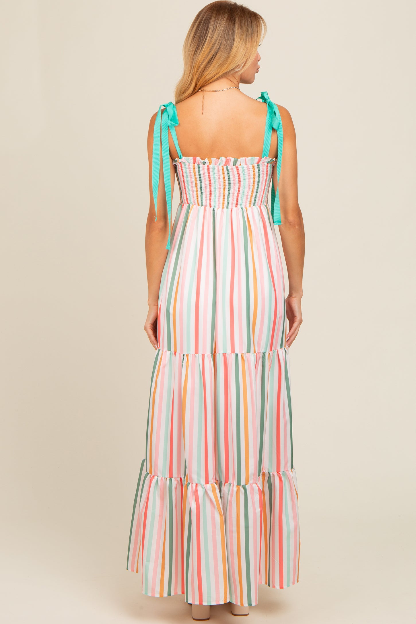 Multicolor Striped Shoulder Tie Smocked Maxi Dress