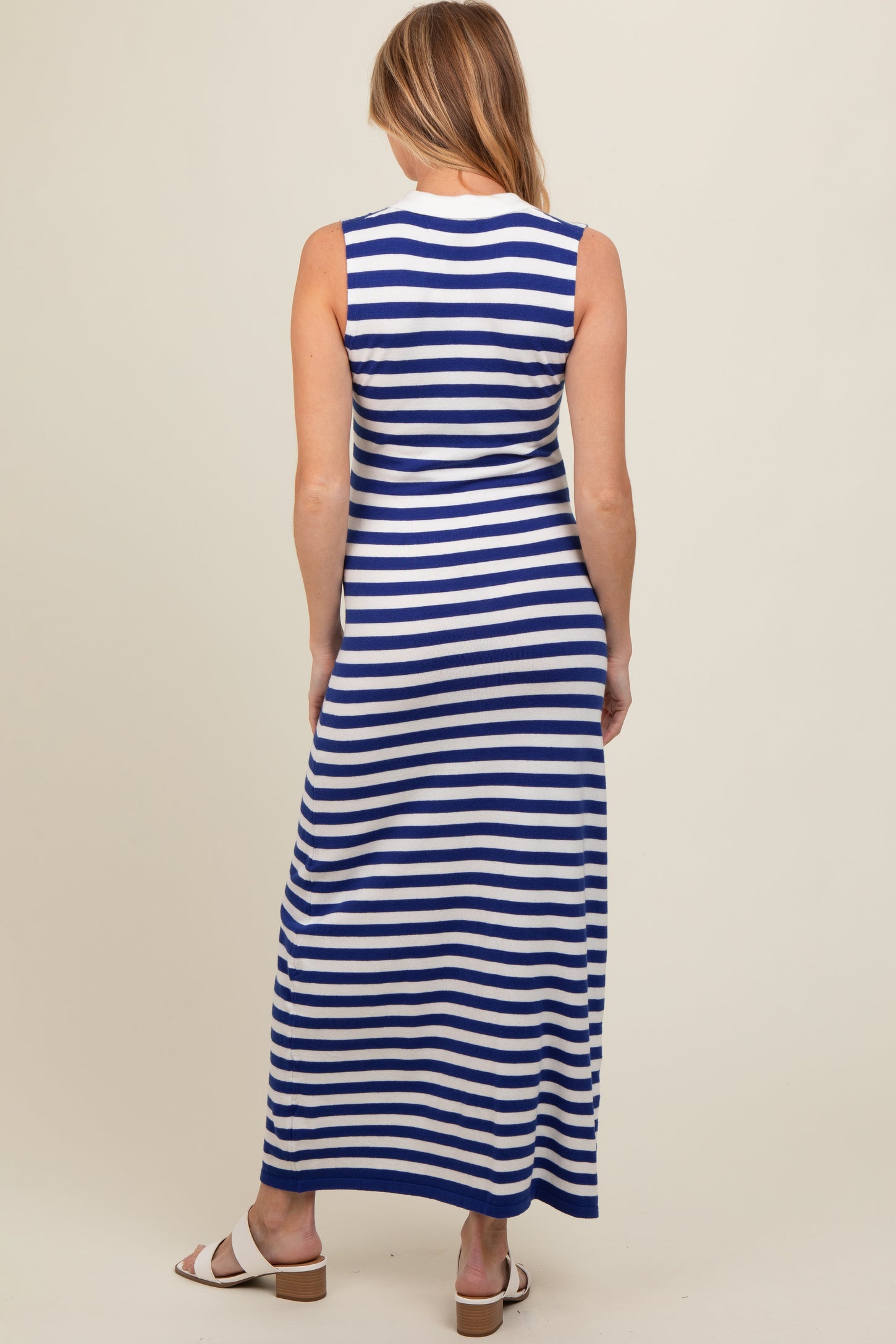 Navy Striped Knit Polo Maternity Fitted Maxi Dress PinkBlush Navy Striped Knit Polo Maternity Fitted Maxi Dress PinkBlush