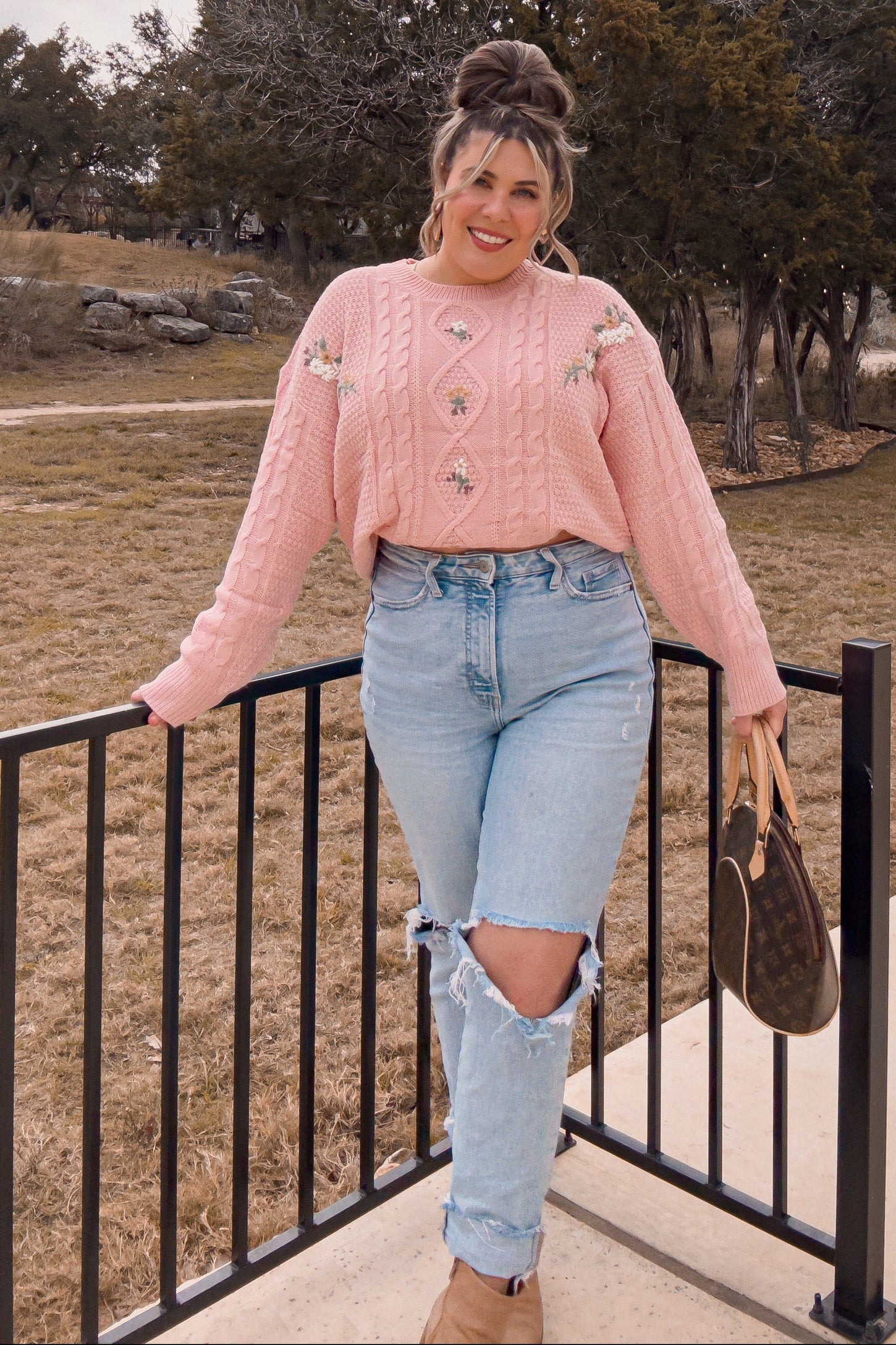 Mauve Embroidered Flower Cable Knit Sweater