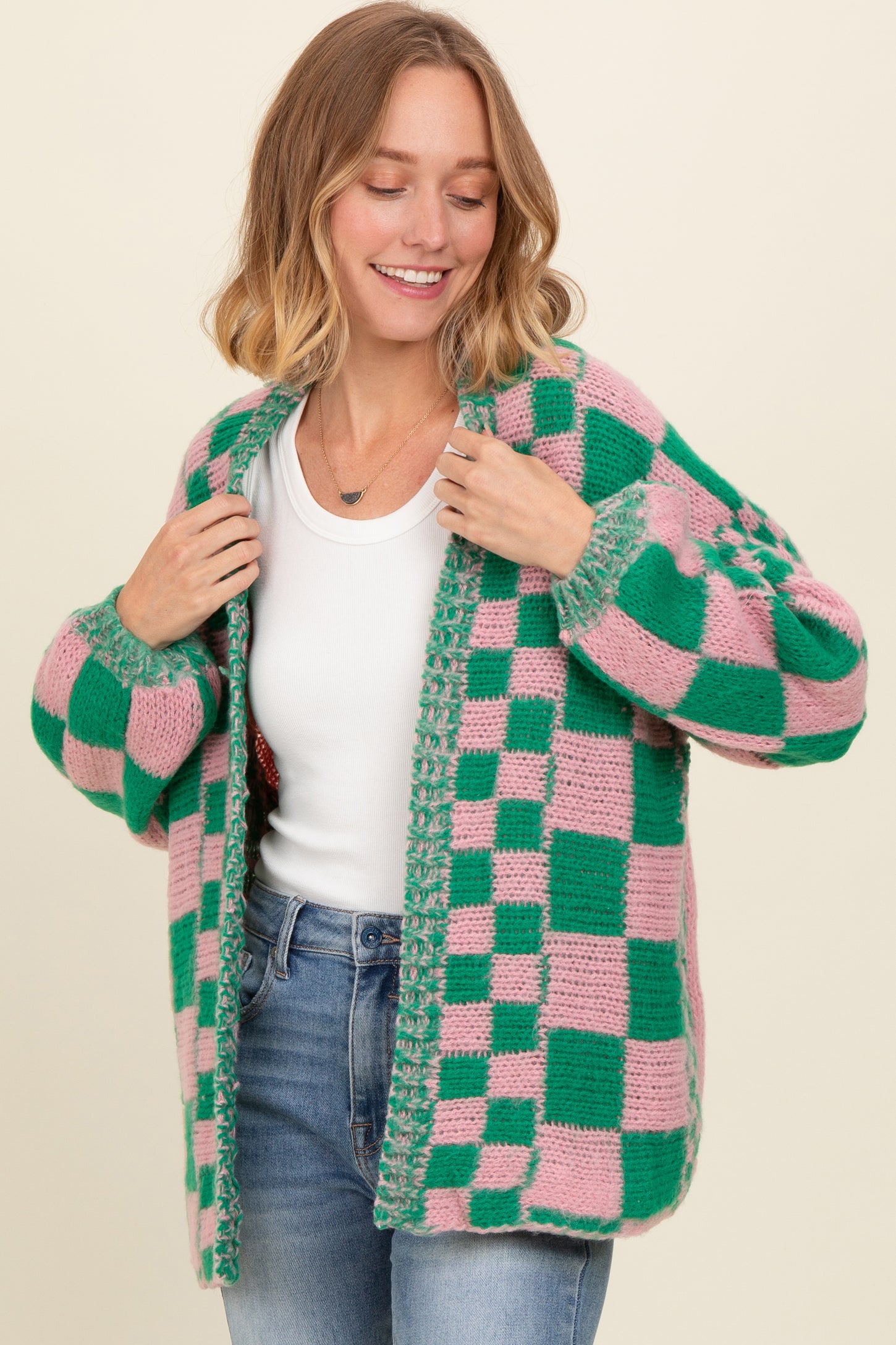 Pink Checkered Cardigan Sweater