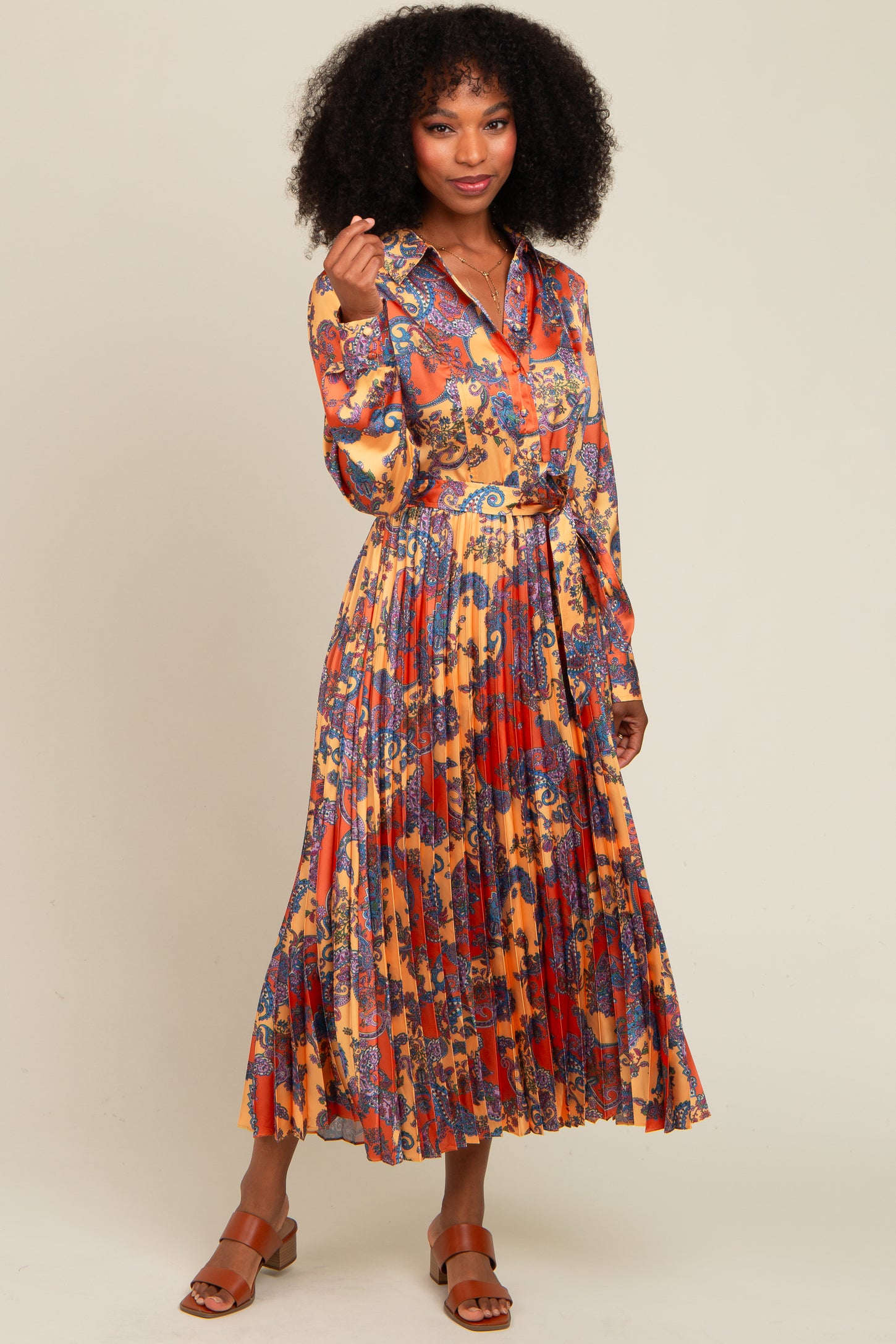 Orange Paisley Print Pleated Button Down Midi Dress – PinkBlush