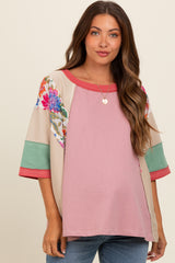 Mauve Floral Colorblock Raw Hem Maternity Oversized Top