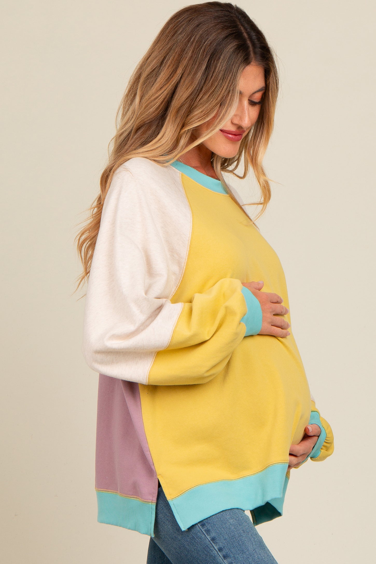 Yellow Colorblock Bubble Sleeve Maternity Pullover