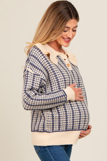 Navy Blue Ruffle Collar Button Up Waffle Knit Maternity Sweater