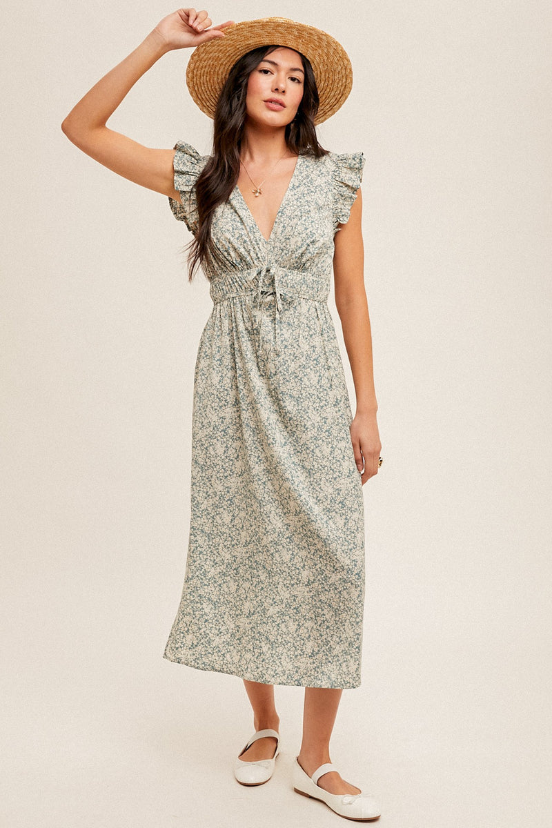 Dusty Blue Flutter Sleeves Floral Print Midi Dress PinkBlush