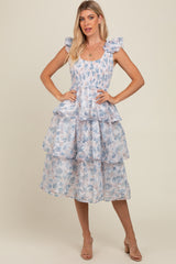 Grey Floral Smocked Tiered Layered Midi Dress