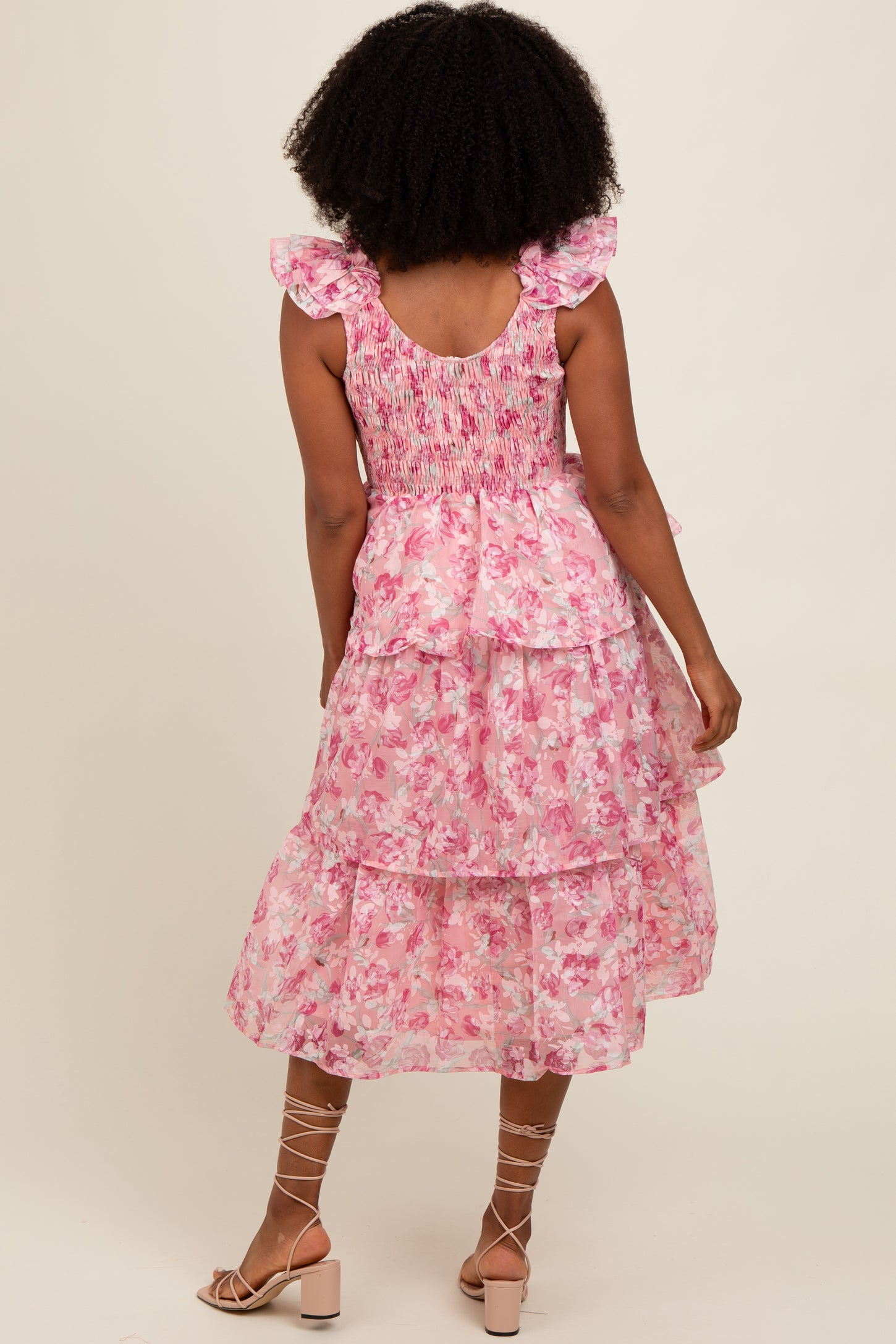 Pink Floral Smocked Tiered Layered Midi Dress