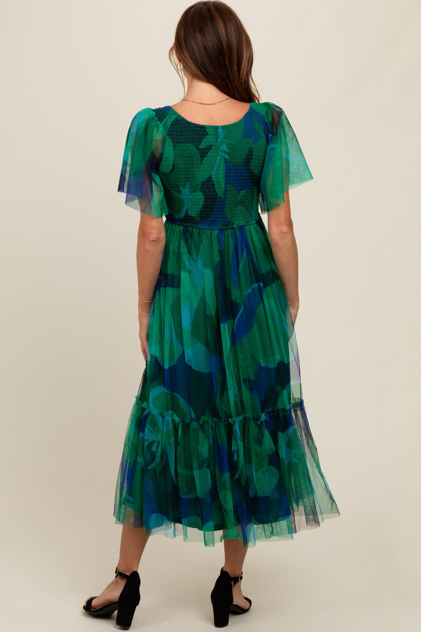 Navy Blue Leaf Print Mesh Smocked Midi Dress – PinkBlush