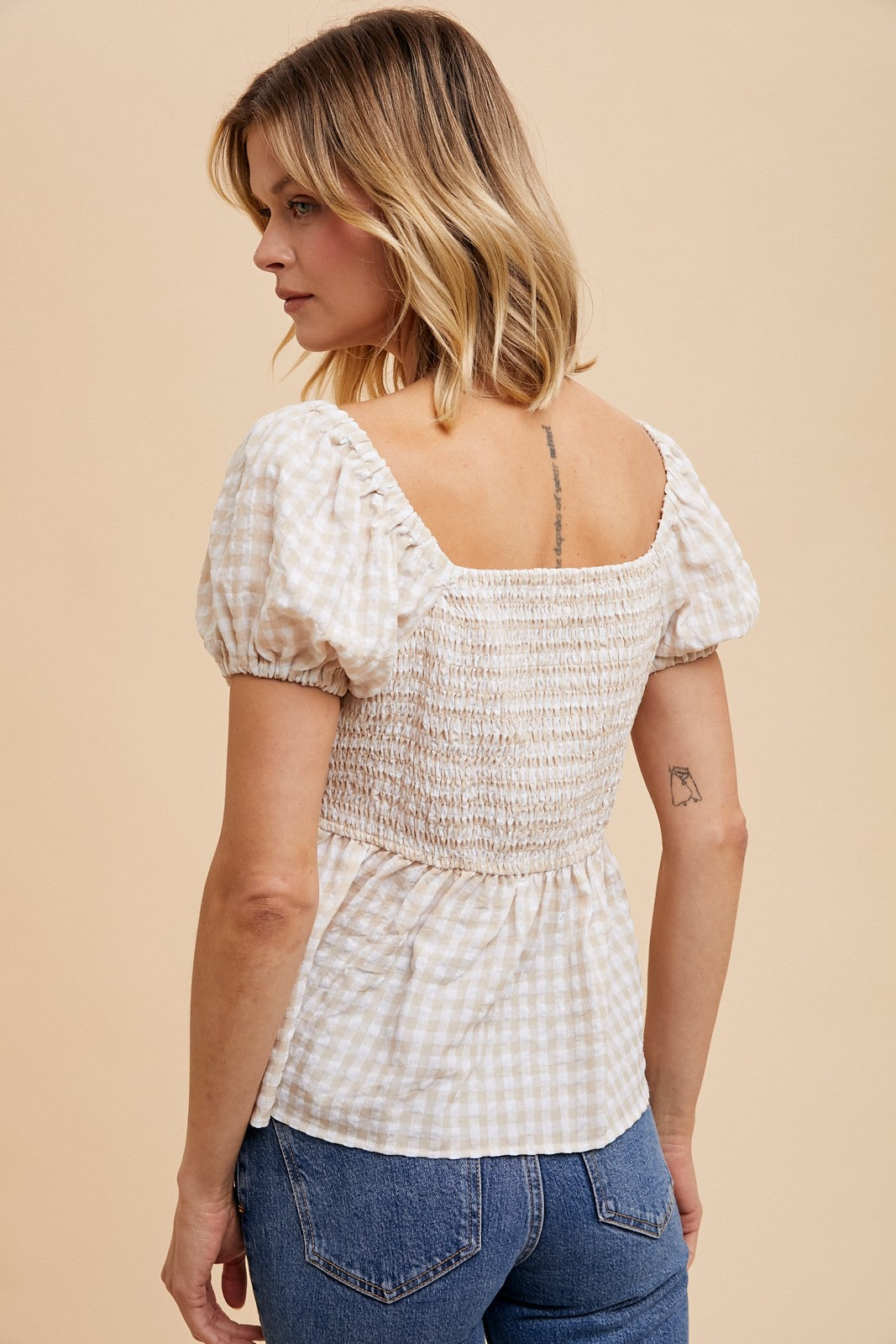 Natural Linen Gingham Babydoll Top
