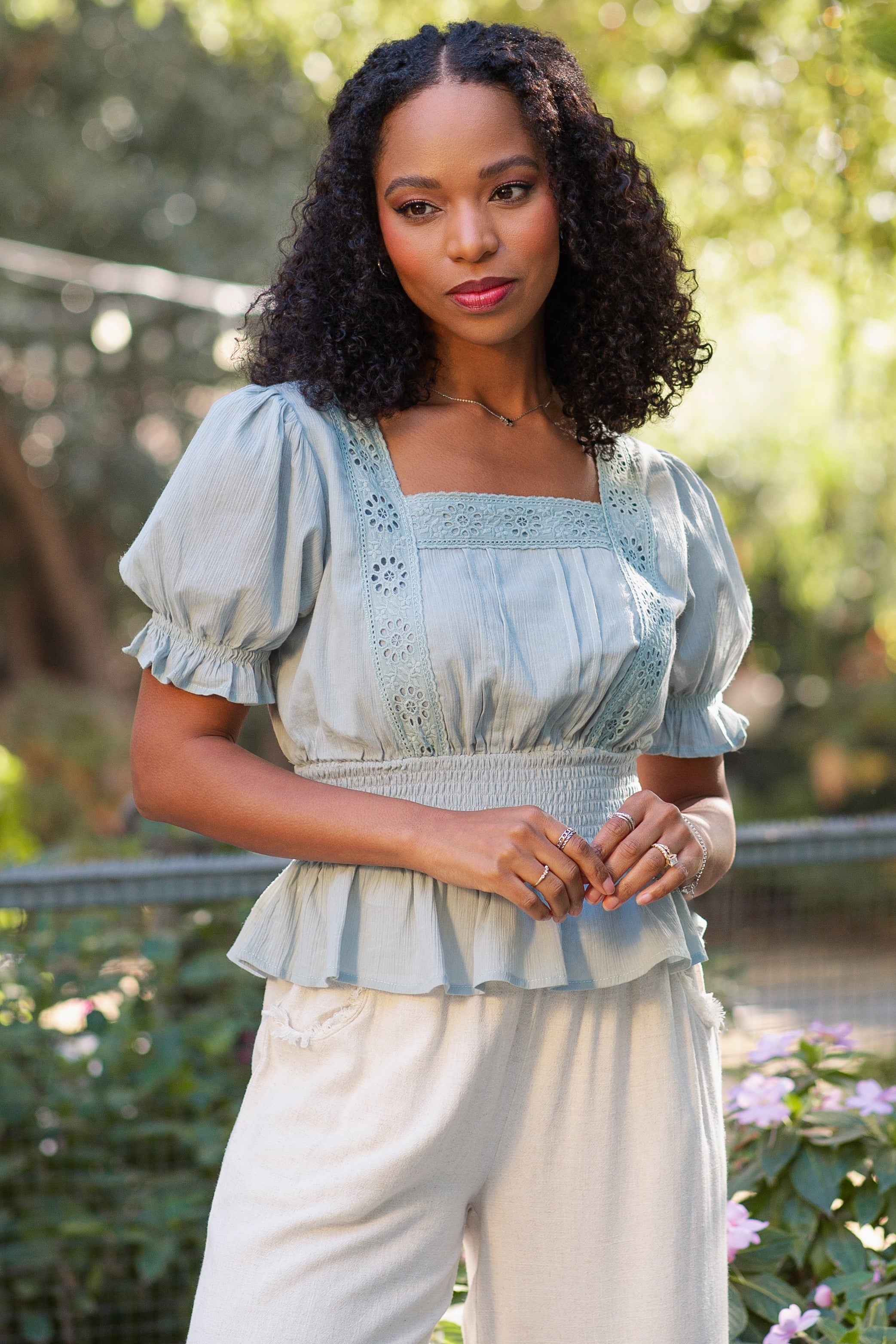 Katie】JELL-O smocking puff blouse JELL-O smocking puff