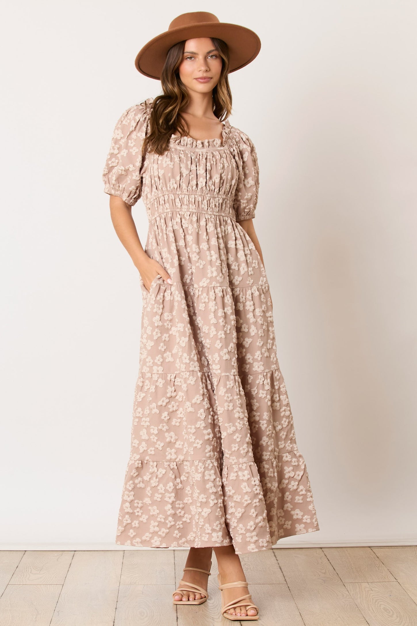 Light Mocha Floral Applique Tiered Maternity Maxi Dress