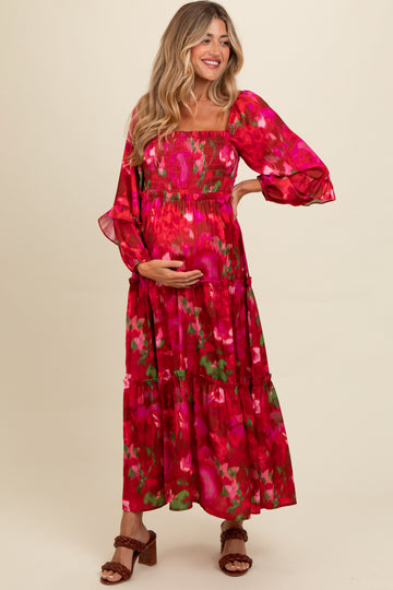 Red Satin Floral Smocked Ruffle Tier Maternity Maxi Dress
