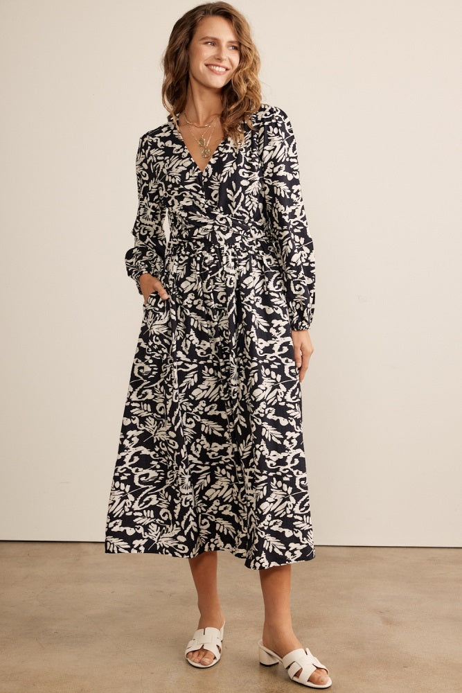 Black Abstract Floral Gathered Front Midi Dress – PinkBlush