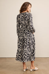 Black Abstract Floral Gathered Front Midi Dress