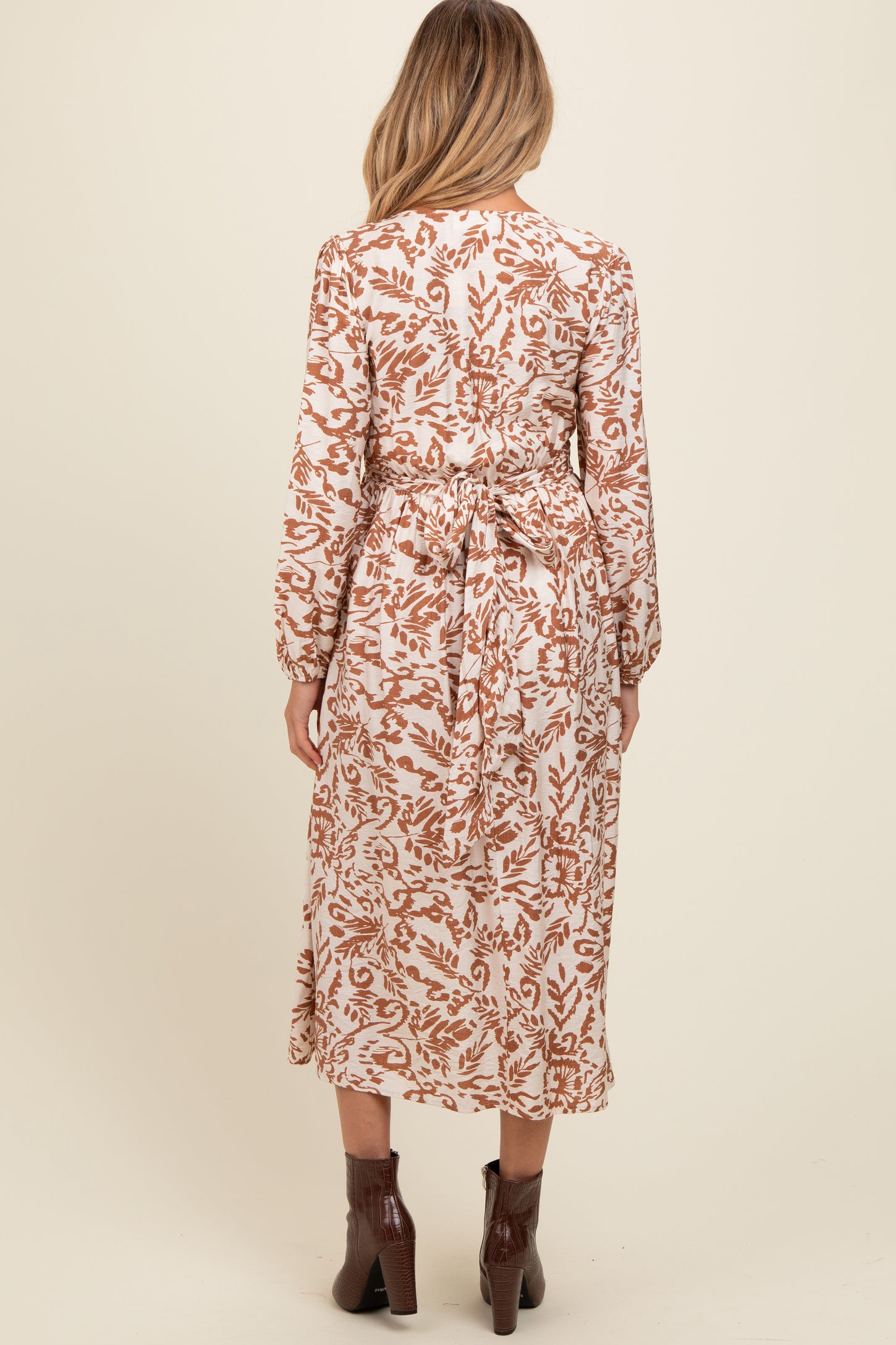 Cream Abstract Floral Gathered Front Maternity Midi Dress
