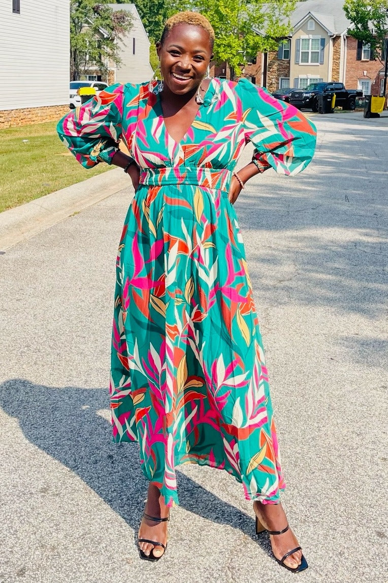 green leaf dress Forest Green Leaf Print Deep V-Neck Maternity Maxi Dress