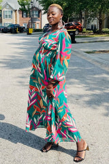 Forest Green Leaf Print Deep V-Neck Maternity Maxi Dress