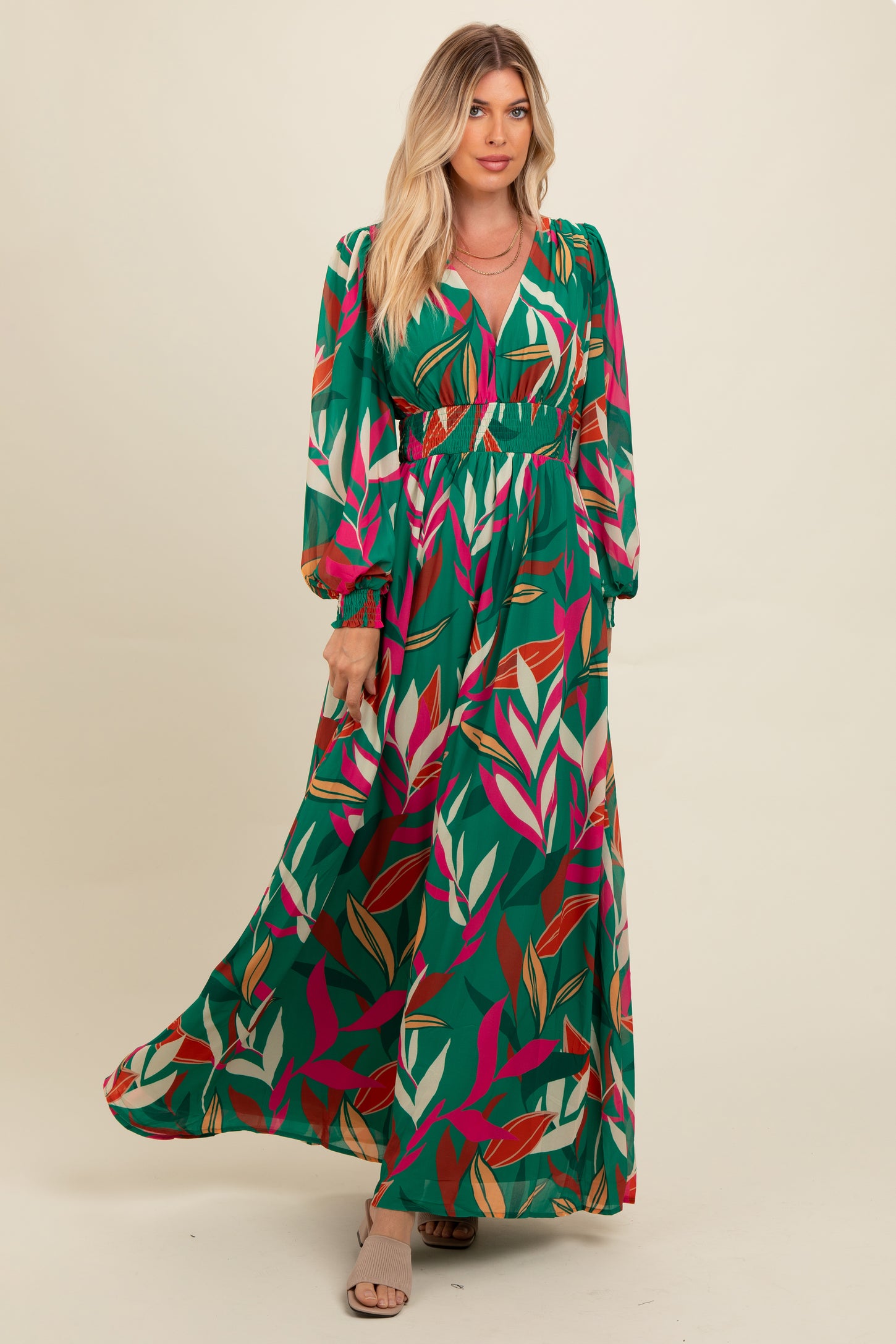 green leaf dress Forest Green Leaf Print Deep V-Neck Maternity Maxi Dress