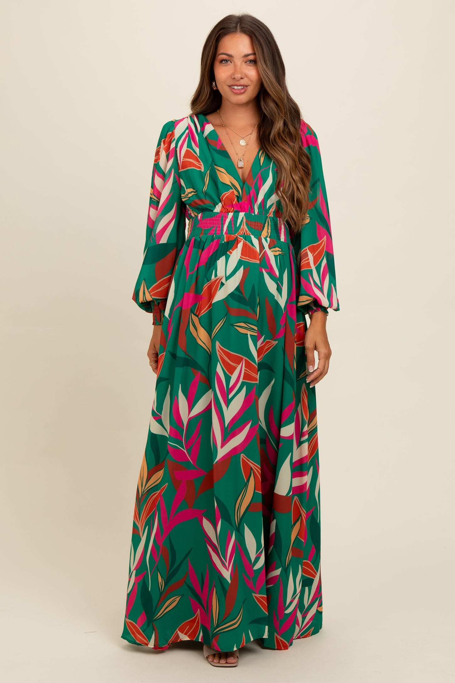 Forest Green Leaf Print Deep V-Neck Maternity Maxi Dress PinkBlush Forest Green Leaf Print Deep V-Neck Maternity Maxi Dress PinkBlush