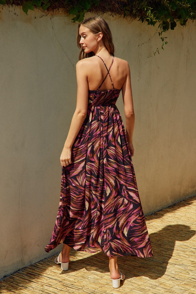 black cross back high neck maxi dress Black Printed Halter Cross Back Maxi Dress