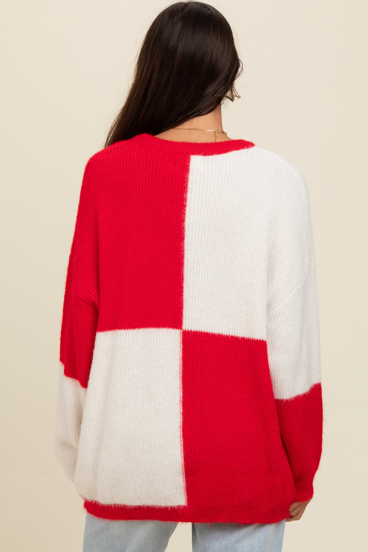 Red Colorblock Checker Print Fuzzy Knit Sweater