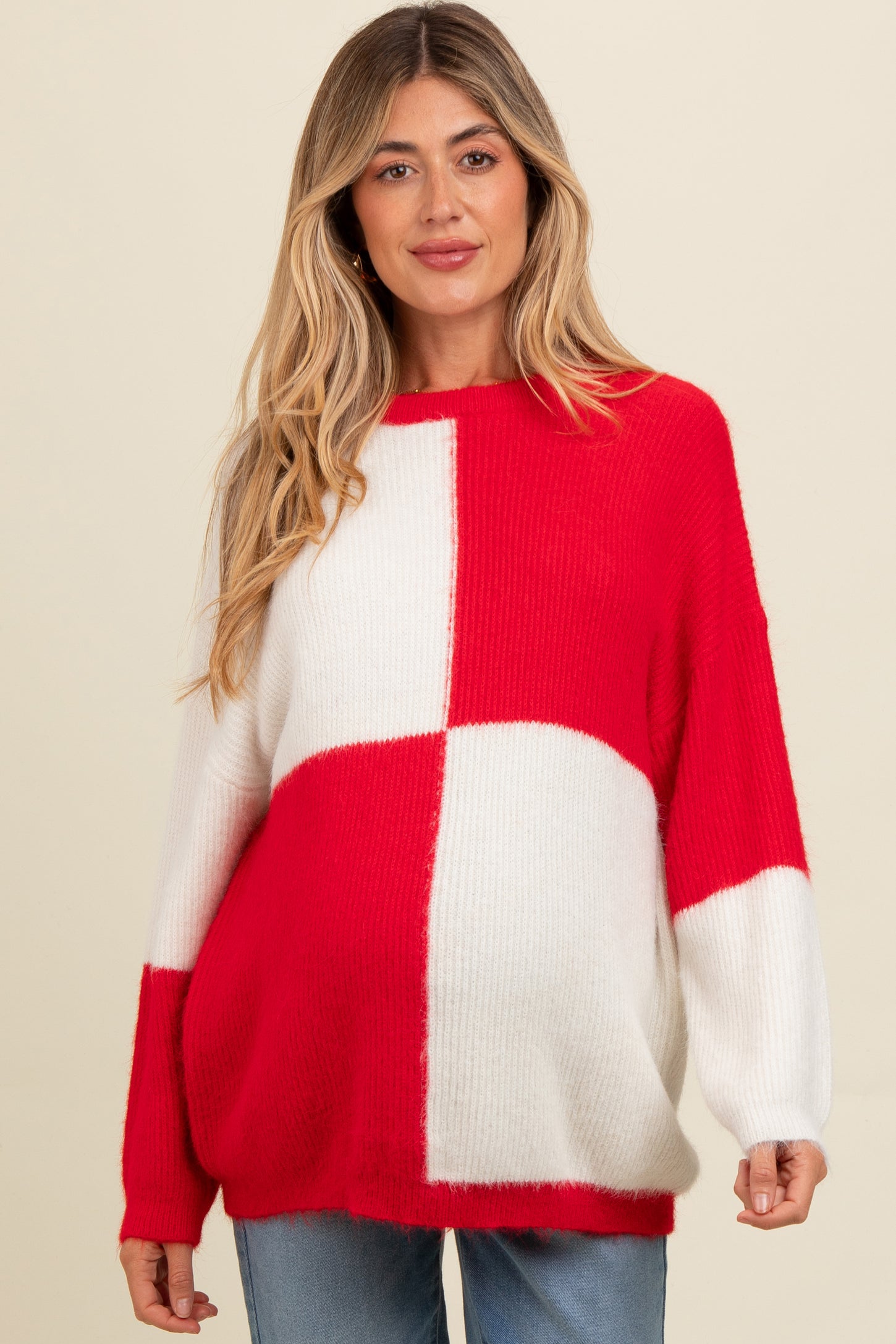 Red Colorblock Checker Print Fuzzy Knit Maternity Sweater