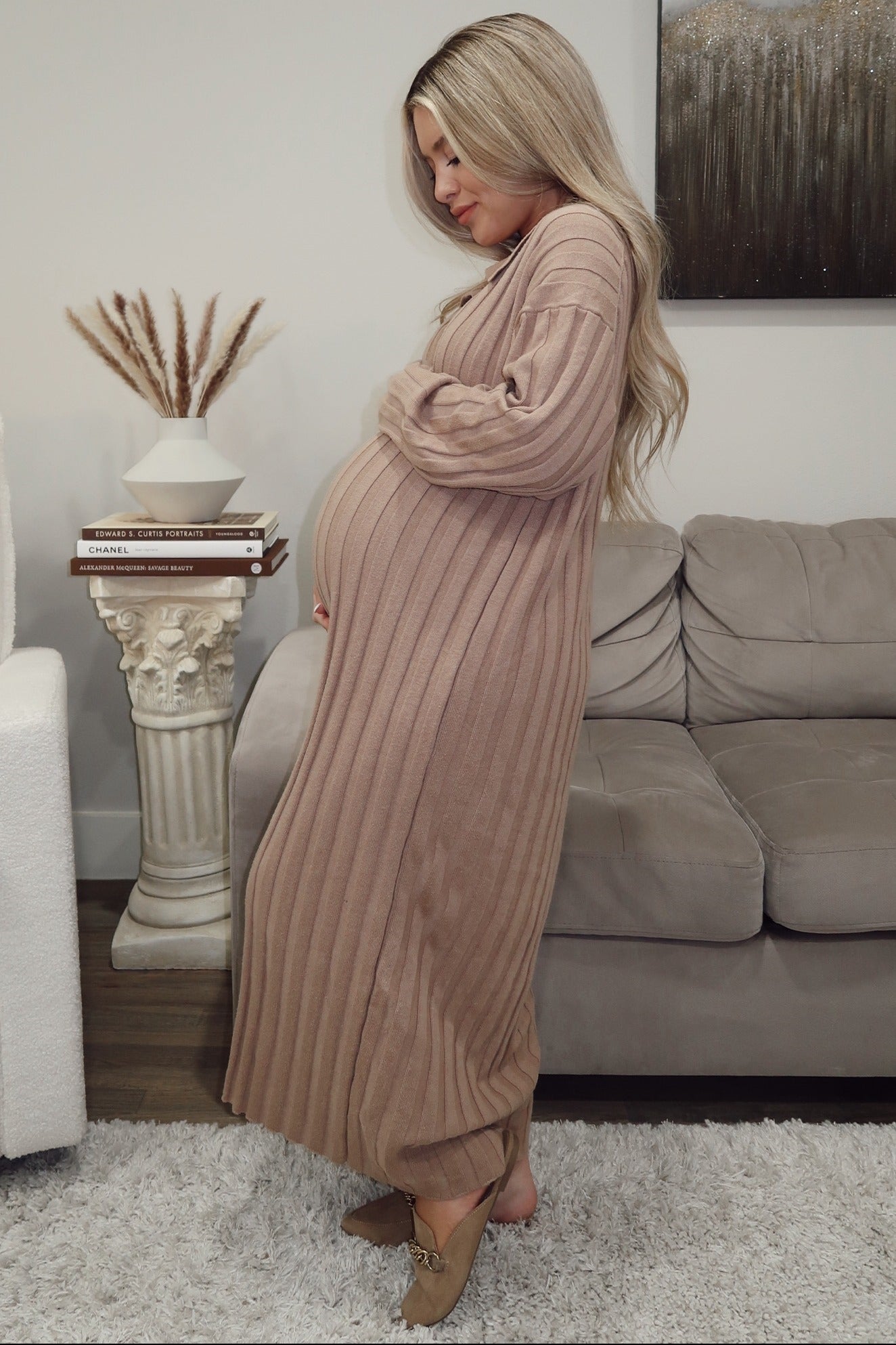 Mocha Ribbed Collared Maternity Midi Sweater Dress