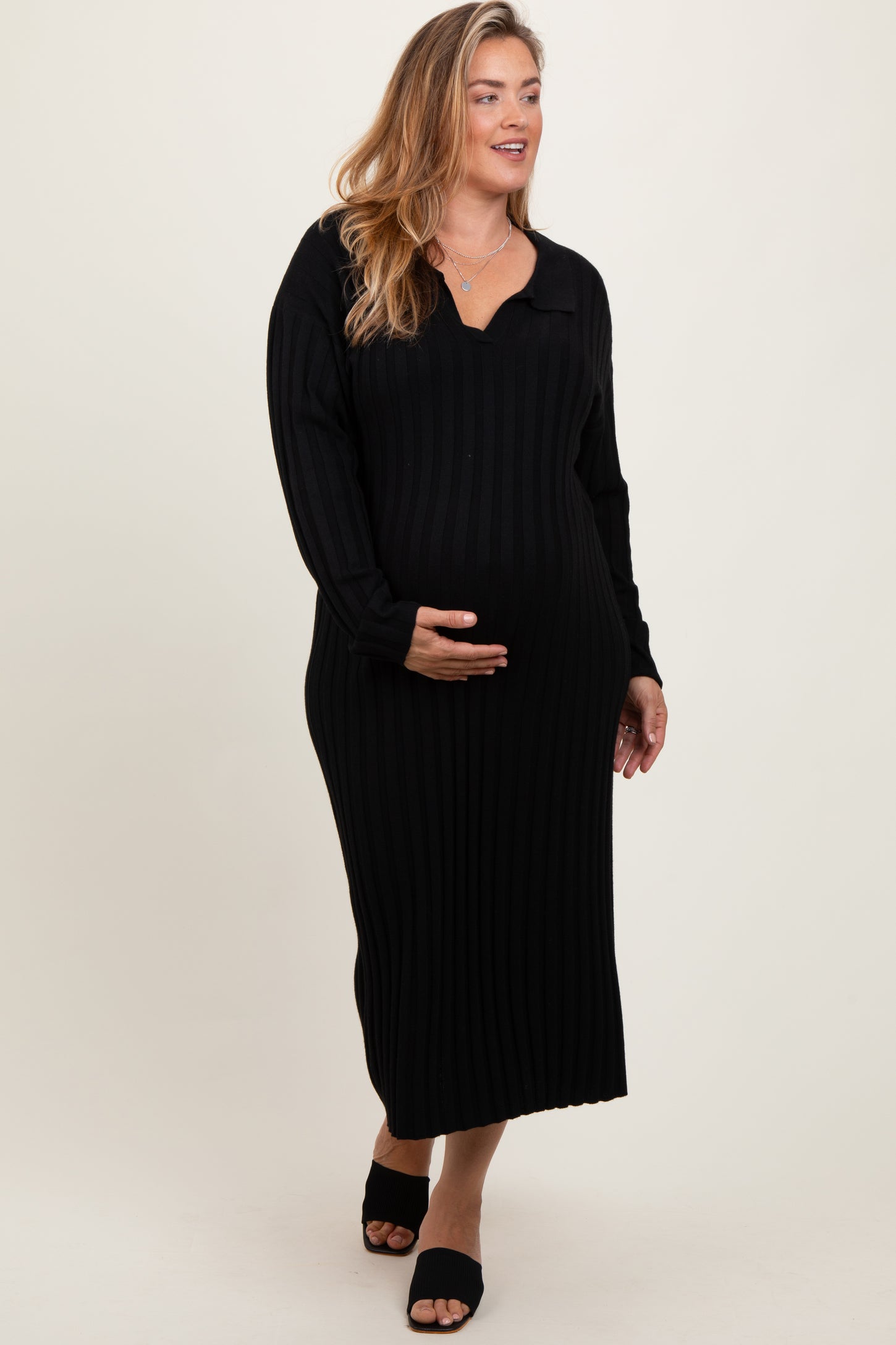 Black Ribbed Collared Maternity Plus Midi Sweater Dress PinkBlush Black Ribbed Collared Maternity Plus Midi Sweater Dress PinkBlush