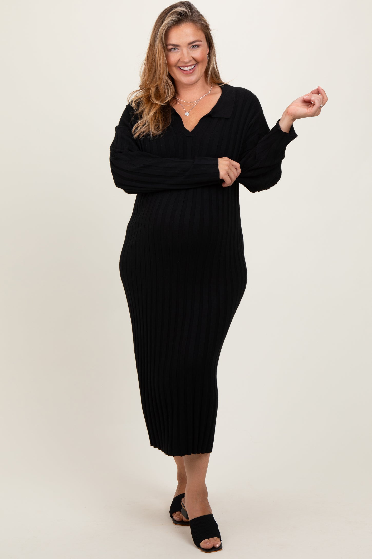 Black Ribbed Collared Maternity Plus Midi Sweater Dress – PinkBlush