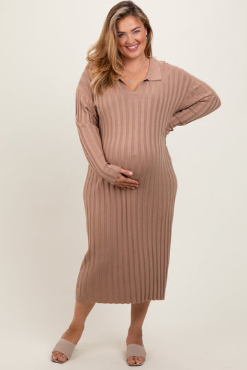 Mocha Ribbed Collared Maternity Plus Midi Sweater Dress