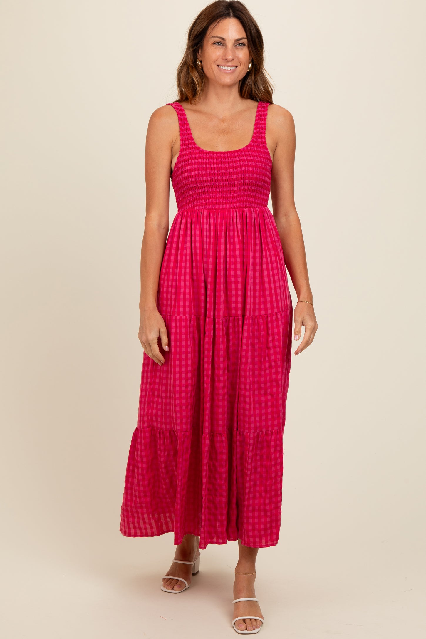 red plaid maxi dress Red Plaid Lace Detail Smocked Maxi Dress Small