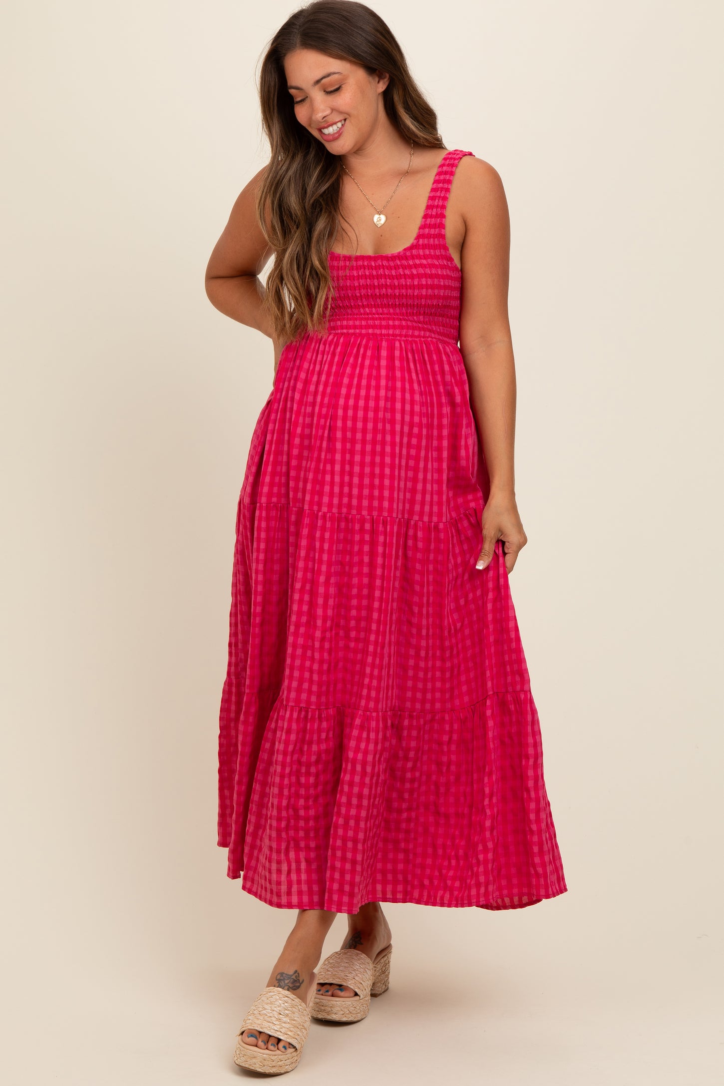 maternity maxi dress coral Coral Plaid Tiered Maternity Maxi Dress
