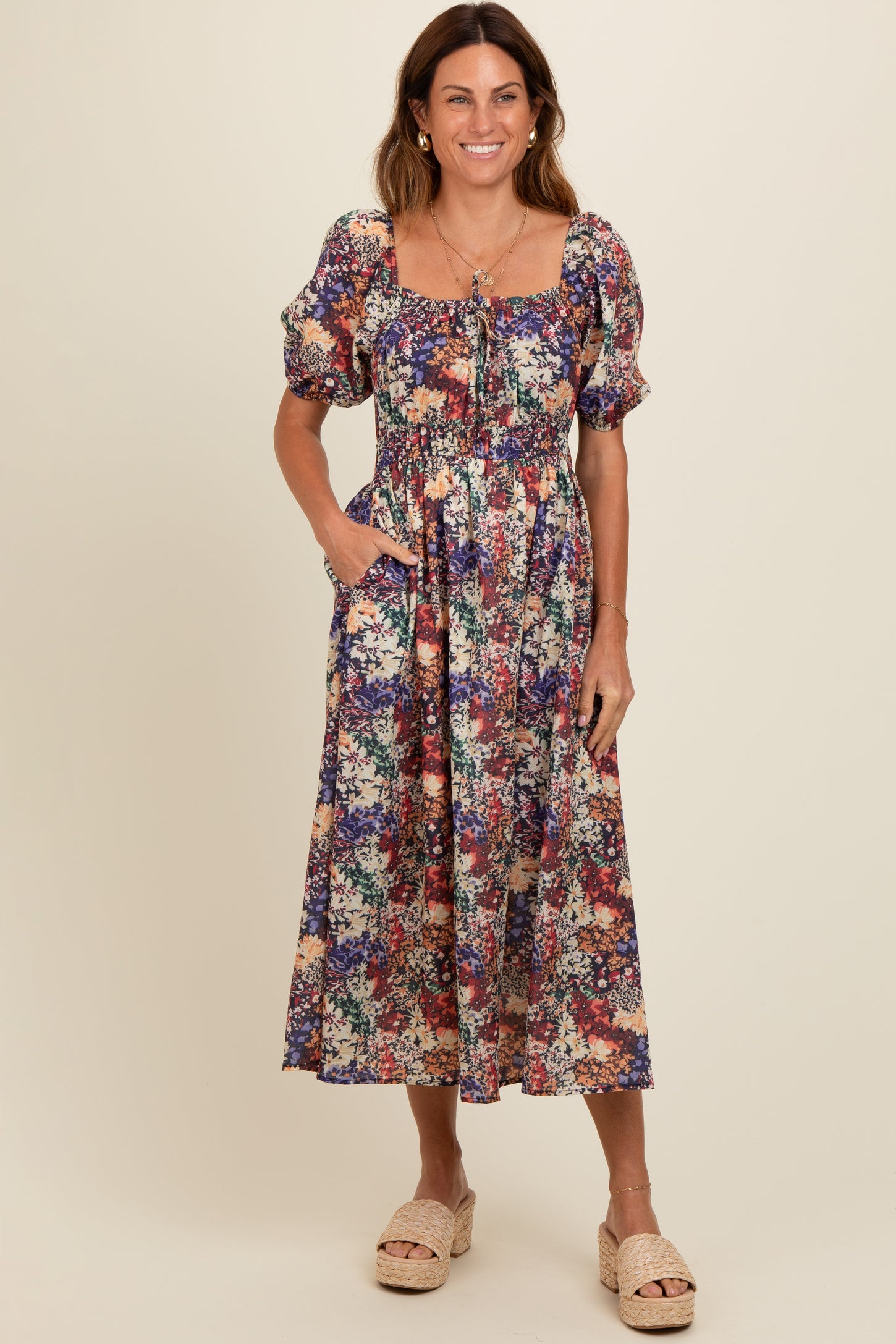 Black Floral Puff Sleeve Maternity Midi Dress