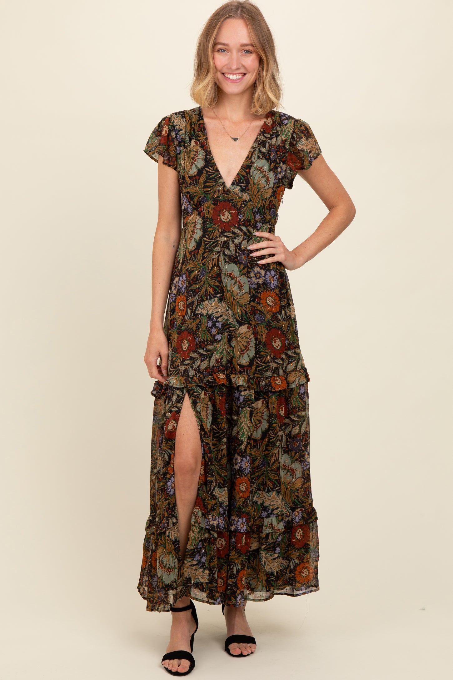 black dress with floral print Deep V-Neck Tiered Maternity Maxi seductive Our costs are 25 Color:Black- With Belt Deep V Gathered Seamless