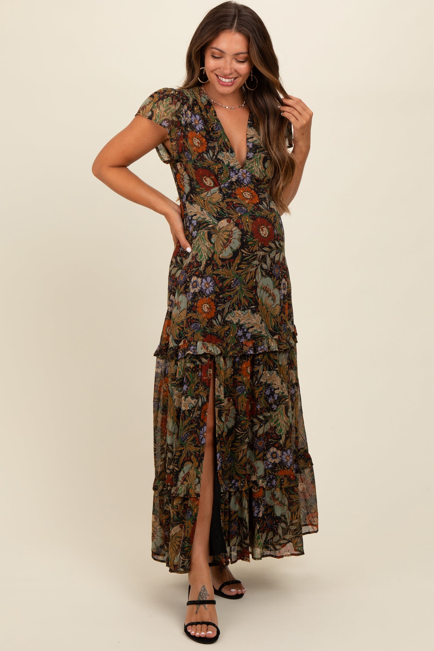 black wrap dress with flowers Black Floral Deep V-Neck Tiered Maternity Maxi Dress