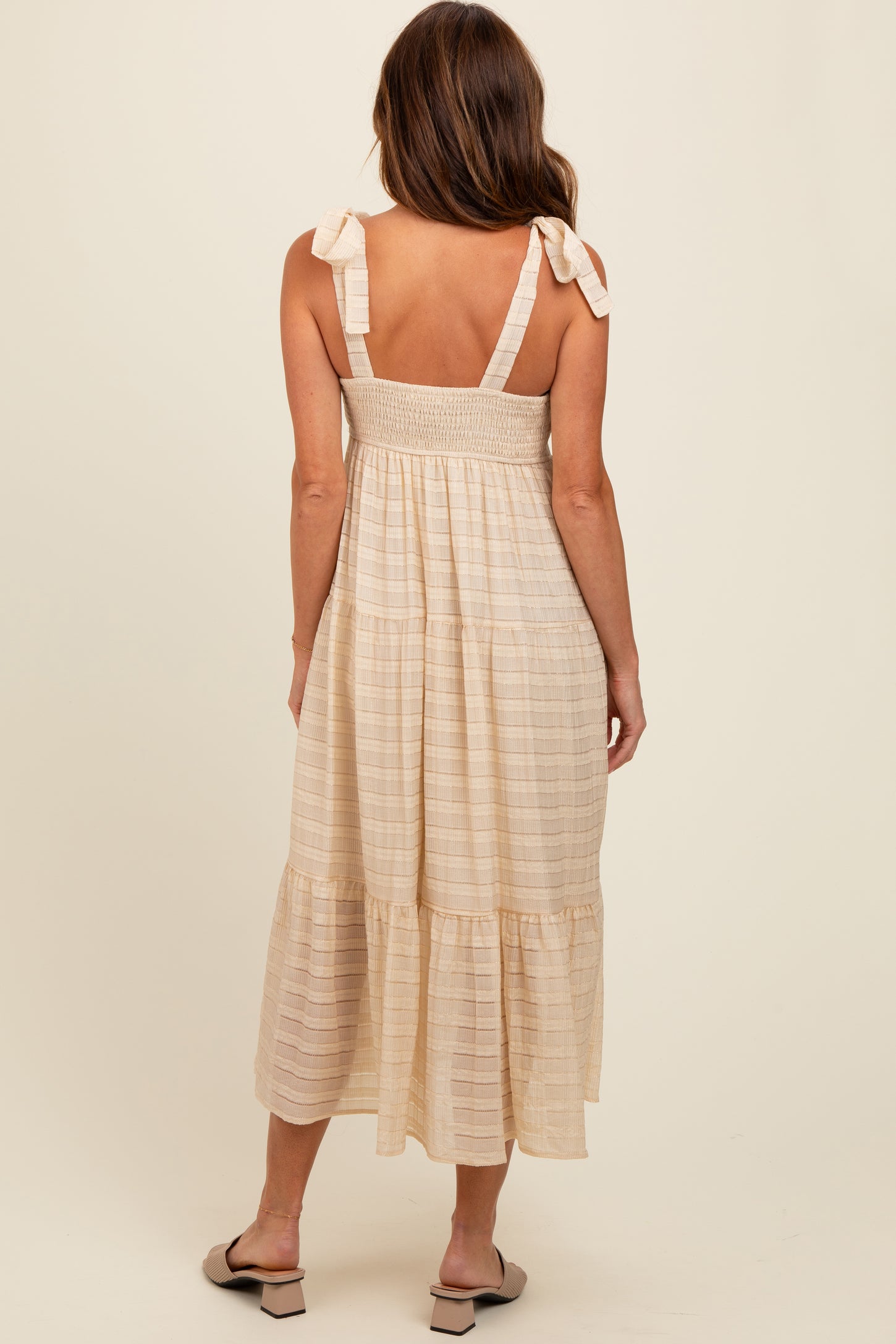Cream Gingham Shoulder Tie Dress PinkBlush Cream Gingham Shoulder Tie Dress PinkBlush
