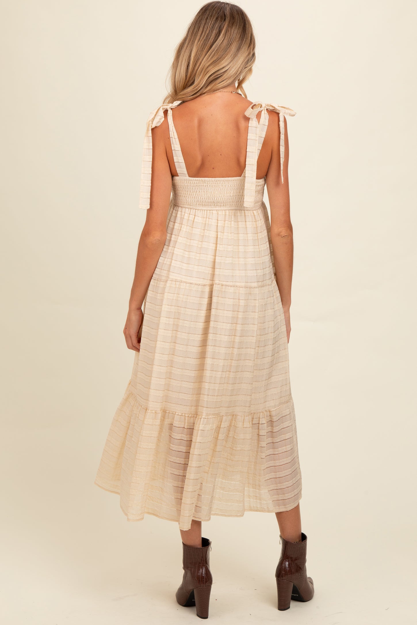 Cream Gingham Shoulder Tie Maternity Dress