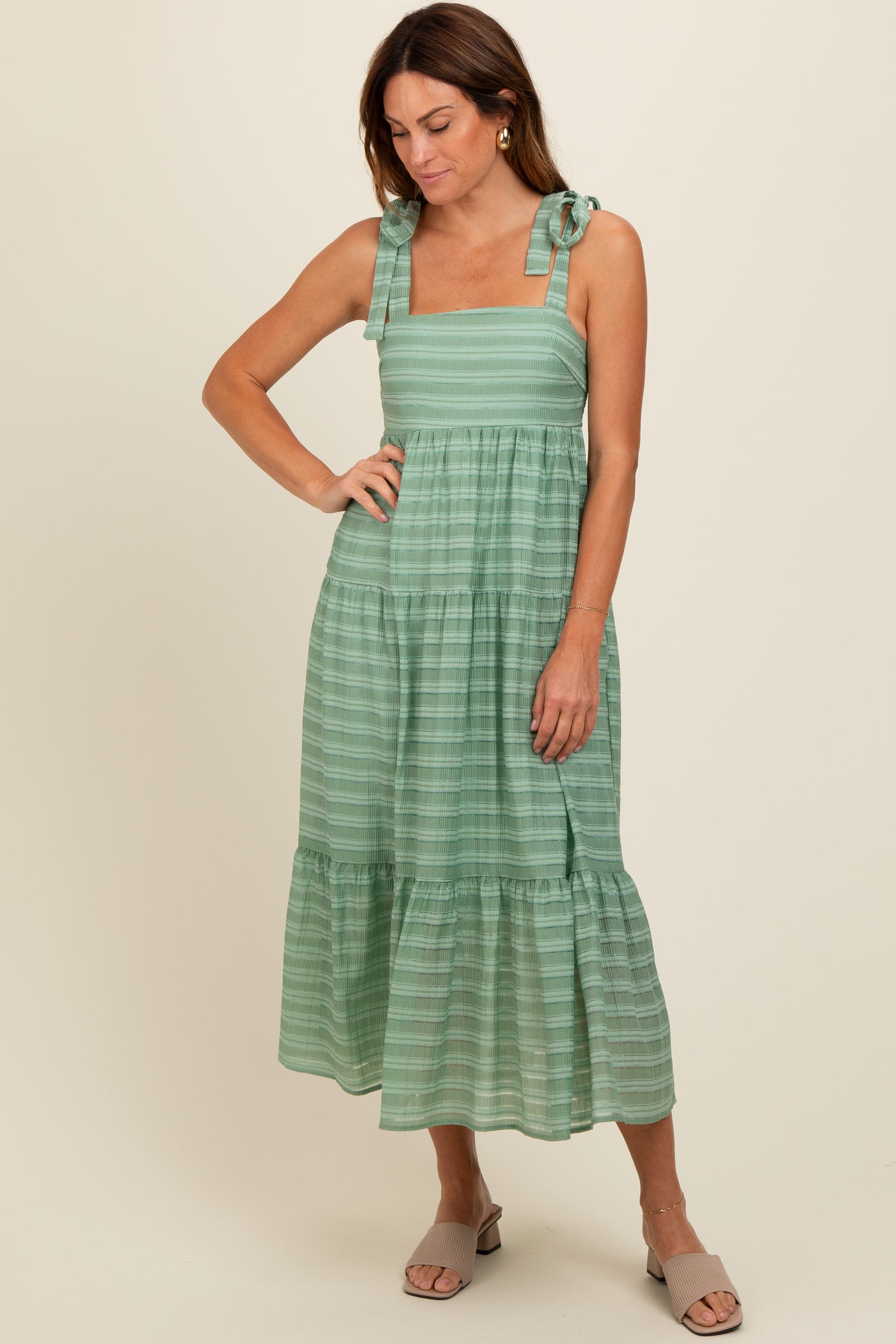 Light Olive Gingham Shoulder Tie Dress