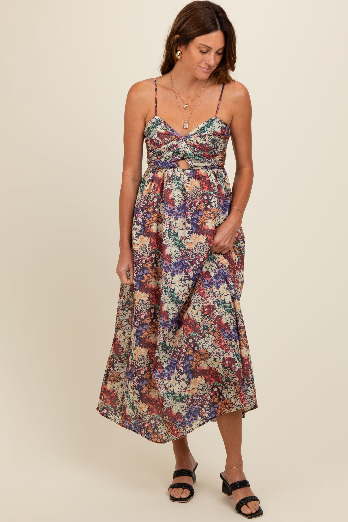 Black Floral Sleeveless Front Cutout Midi Dress PinkBlush Black Floral Sleeveless Front Cutout Midi Dress PinkBlush