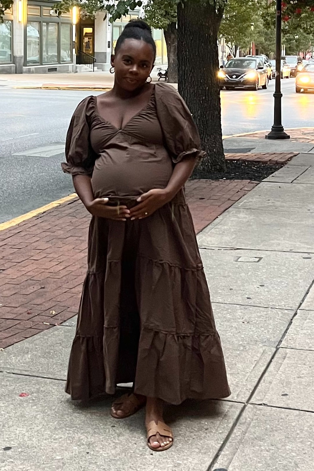 Brown Deep V-Neck Tiered Maternity Maxi Dress Small